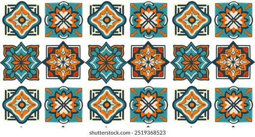 Nahtloses Muster aus blauem Grün - orangefarbenen Rottönen geometrische ornamentale Textur Design