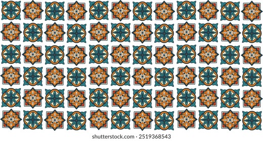 Seamlless pattern of a geometric ornament in vitage style, texture design in green - orange tones