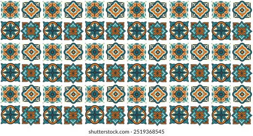 Seamlless pattern of a texture design in green - orange tones, geometric ornament in retro style