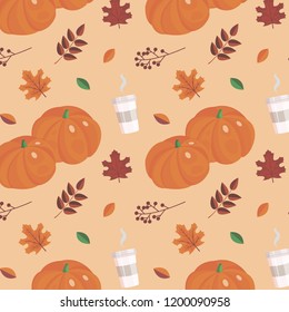 Seamlless vector pattern of pumpkin,  autumn leaves and cup of coffee