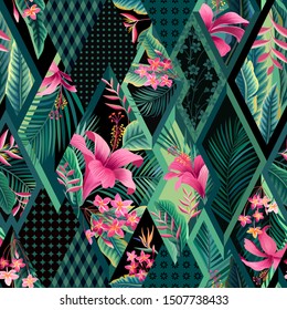 seamlrss floral patchwork pattern. tropical flowers.