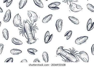 Seamlrss pattern of mussels and lobsters, vector, monochrome