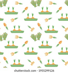 Seamlss pattern with onion, gloves, spade, rake. Flat vector illustration on white background