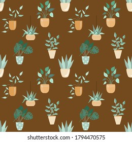 Seamlss pattern with potted flowers, vector illustration on brown background, home plants print