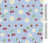 Seamlss vecor pattern wih simple cherry berries and flowers