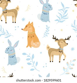 Seammless pattern. Bohemian illustrations with animals, stars, magic and runes. Cute animals in the Scandinavian style. Hand drawn deer, fox, rabbit, bunny illustration for kids.