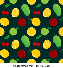 
Seammless pattern design of fruits, apples, oranges, lemons, mangoes, cherries. with colorful textures. modern vector wallpaper.