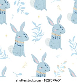 Seammless pattern. Rabbit vector illustration for kids. Bohemian illustrations with animals, stars, magic and runes. Cute animal in the Scandinavian style.