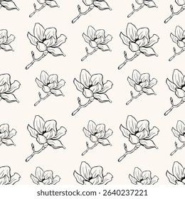 Seamples pattern black line drawing of a magnolia flower on light background. Vintage botanical design perfect for textile, wrapping paper. Vector illustration
