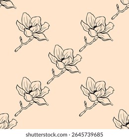 Seamples pattern black line drawing of a magnolia flower on light background. Vintage botanical design perfect for textile, wrapping paper. Vector illustration