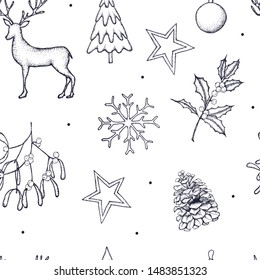 Seamples pattern of Christmas and Happy New Year illustrations. Scandinavian style.Vector illustration. Background template for design. Hand drawn elements . Linear graphic.