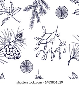 Seamples pattern of Christmas and Happy New Year illustrations. Scandinavian style.Vector illustration. Background template for design. Hand drawn elements . Linear graphic.