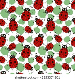 seampless pattern cartoon funny ladybug with bows and leaves on white background. Vector doodle illustration for packaging, wallpaper, textile