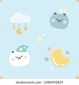 Seampless pattern of cute sleepy bear cartoon on blue background. Animals character design. Kawaii vector illustration good night. Adorable prints. Star and Moon icon.