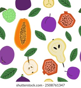 Seampless pattern fruits. Vector cartoon flat set. Pear, plum. apple,  passionfruit
