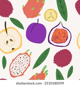 Seampless pattern fruits. Vector cartoon flat set. Lychee, plum. apple,  fig