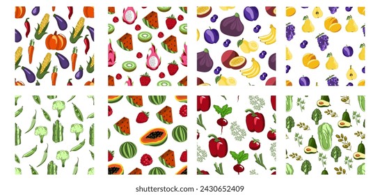 Patrón sin costuras con frutas y verduras. Uvas, aguacate, pimienta y albaricoque, pera sobre un fondo blanco. Fondo lindo del vector. 