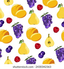 Seampless pattern with  grapes, raspberries, apricot, pear on a  white background. Cute vector background. Summer fruits illustration.