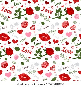 Seampless pattern of Valentene`s day. Love, heart, lips,  bottle, latter and rose. Perfect for wallpaper, gift paper, greeting cards.
