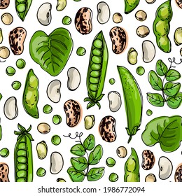 Seampless pattern vector color food. White beans, green beans, soybeans, green peas. 