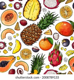 Seampless pattern vector color food. Exotic fruits and berries