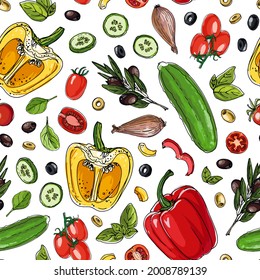 Seampless pattern vector color food. Vegetables, paprika, cucumbers, olives