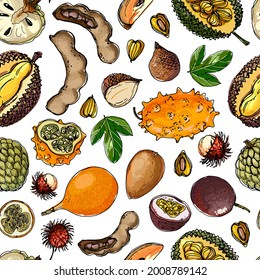 Seampless pattern vector color food. Exotic fruits and berries