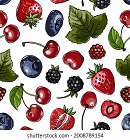 Seampless pattern vector color food. Garden and forest berries