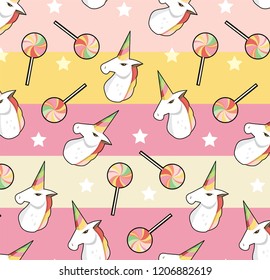 Seampless unicorn and lillipops and stars pattern. Repeated pastel unicorn motif with yellow and pink horizontal stripes. Modern unicorn texture.