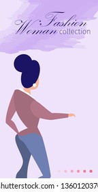 Seamstress Course Fashion Woman Collection Flat. Vector Illustration Landing Page. Fashion week Classic Fabric Pants and Couture Sweaters Warm Up. Attractive Girl in Jacket Posing.
