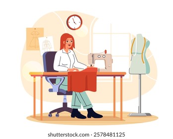 Seamstress creating clothes using a sewing machine at a desk. Nearby is a mannequin with a measuring tape. Bright, clean workspace. Tailoring concept. Vector illustration