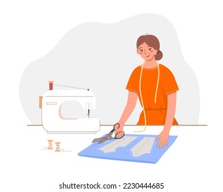 Seamstress cuts dress detail with scissors on sketch lines. Workplace of tailor. Sewing machine, fabric and pattern on desktop in atelier. Vector flat illustration. 