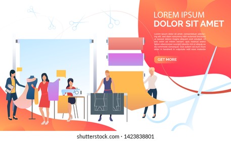 Seamstress, designers and dressmakers working in atelier. Tailoring, fashion, custom clothing concept. Presentation slide template. Vector illustration for topics like business, sewing studio, atelier