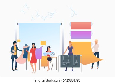 Seamstress, designers and dressmakers working in tailor shop. Tailoring, fashion, custom clothing concept. Vector illustration can be used for topics like business, sewing studio, atelier