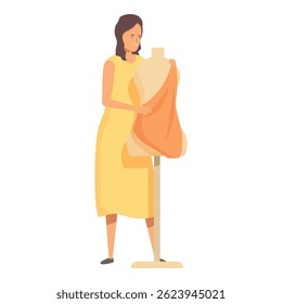 Seamstress is draping orange fabric on a dress form, preparing to create a new dress design