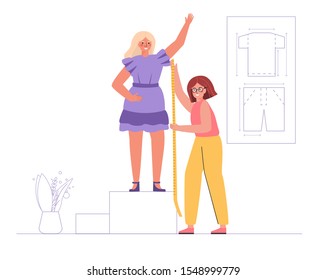 Seamstress dressmaker measures the length of the dress on a female client. Vector illustration in flat cartoon style in trendy, modern color.