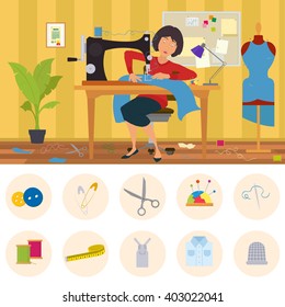 seamstress engaged in tailoring business.  vector illustration.