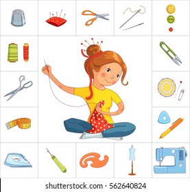 Seamstress girl and sewing or tailoring tools kit, sewing machine, fabric shears, needles and pin cushion isolated on white background, cartoon and flat vector icons