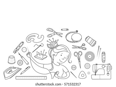 Seamstress girl and sewing or tailoring tools, sewing machine, needles black line vector half round concept