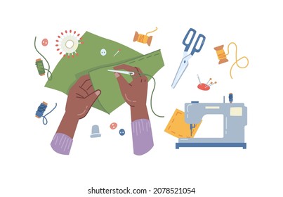 Seamstress hands of man or woman who sews, making unwind threads on green cloth isolated flat cartoon illustration. Vector fabric cuts, sewing-machine and scissors, needle pillow. Sewing courses