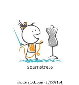 seamstress holding a needle and thread and looking at a mannequin, illustration