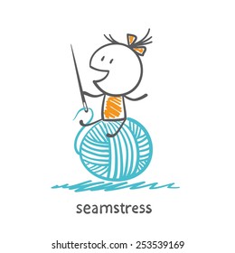 seamstress holding a needle and thread and sits on a large tangle of threads, illustration