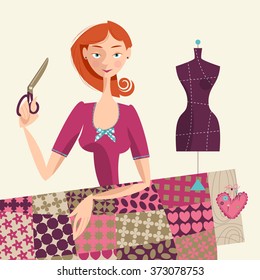 Seamstress holding a scissors. Sewing workshop. Vector illustration. 