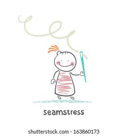 seamstress holding thread and needle