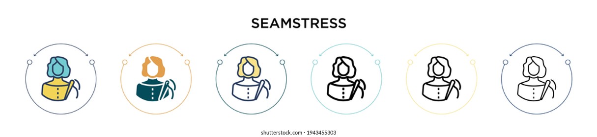 Icono Seamstress en el estilo relleno, delgado, contorno y trazo. Ilustración vectorial de dos iconos vectores de costura de color y negro se puede utilizar para móviles, ui, web