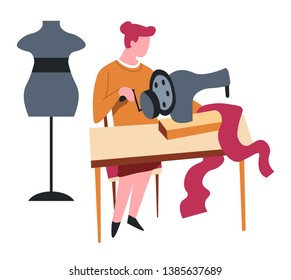 Seamstress isolated female character sewing machine and dummy vector handmade clothes creation craft and hobby or leisure pastime mannequin designer fabric and textile girl at table professional sewer