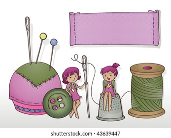 Seamstress little helpers (with banner). Vector illustration of a couple of cute little thumbelinas, helping out at the seamstress shop. They can help to sew buttons and labels.