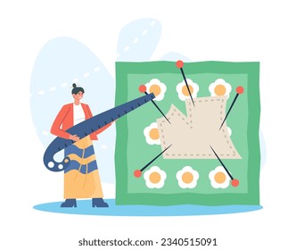 Seamstress making patch on fabric. Woman with ruler stands near fabric and carries out restoration of torn product. Seamstress work concept. Flat vector illustration in cartoon style
