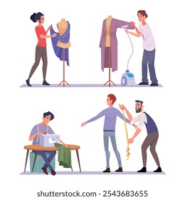 Seamstress. Male and female tailor workers designers and dressmakers fashion seamstress exact vector hobbies concept illustrations