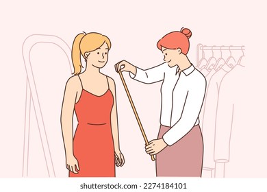 Seamstress measure female client with tape in atelier. Smiling designer or dressmaker help woman customer in workshop. Vector illustration. 